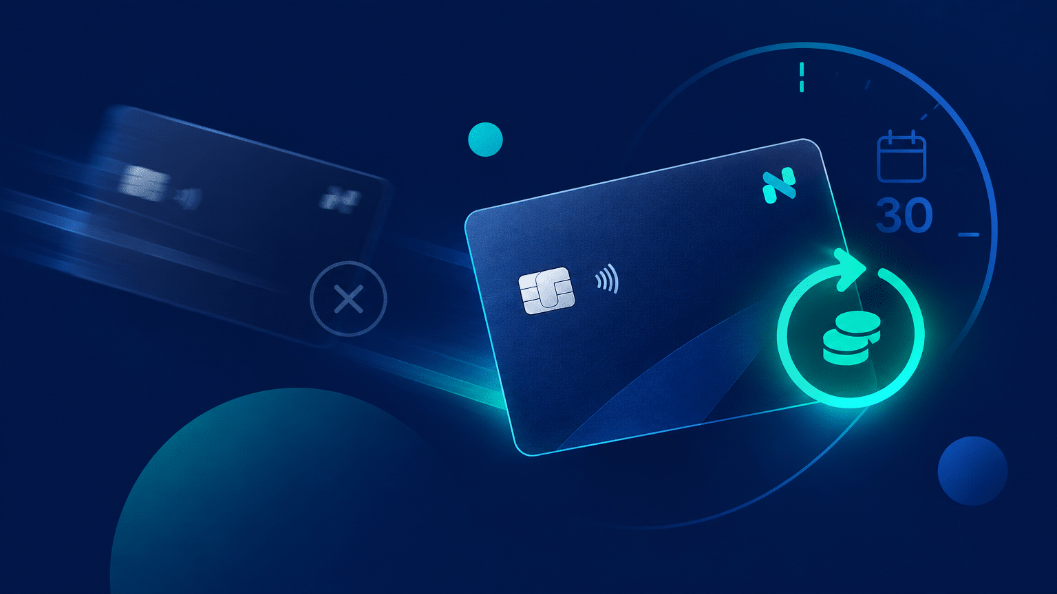 Ilustração de cartões Nomad com cashback e aviso de cancelamento em 30 dias