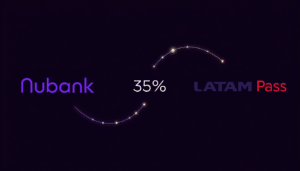 Composição gráfica com as marcas Nubank e LATAM Pass unidas por setas de transferência e o número 35% em destaque.